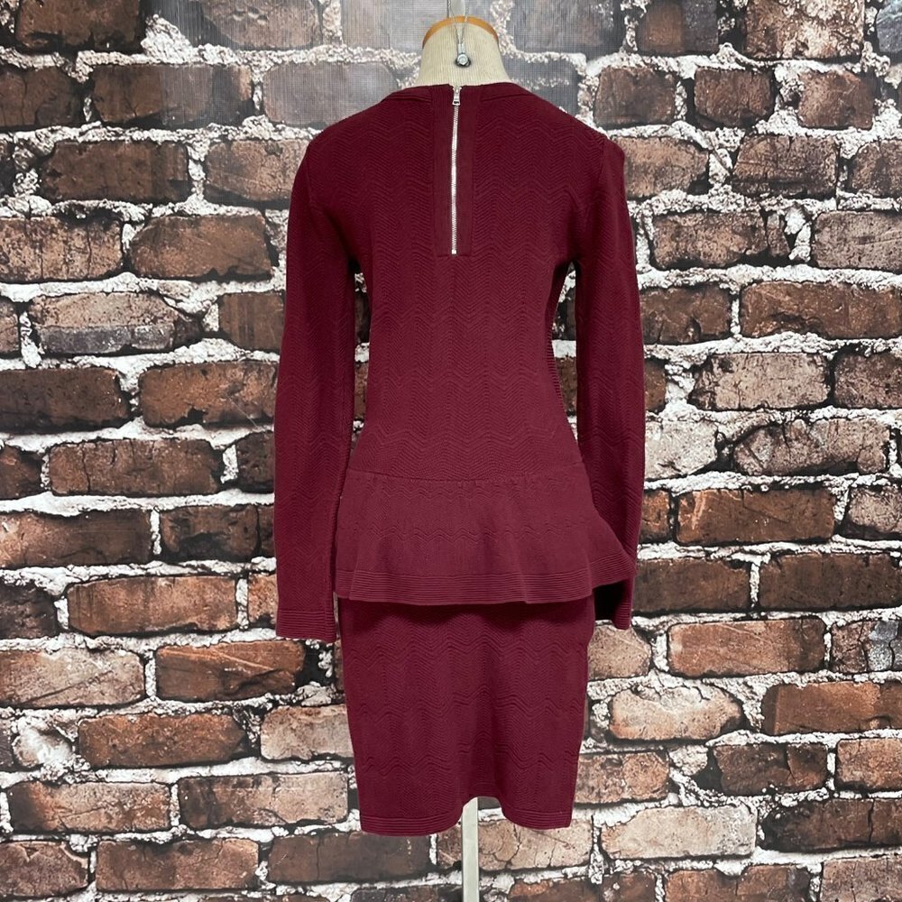 Sandro Paris Dress Peplum Knit Burgundy Red Chevron Long Sleeves Size 2 4 - Picture 7 of 15